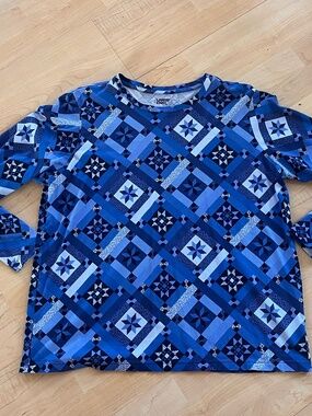 Women’s Lands End Blue Geometric Quilt Design Longsleeve Shirt Stretchy